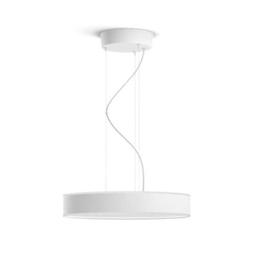 White Enrave pendant light with round flat shape, matte finish, suspended by cables from a circular ceiling mount.