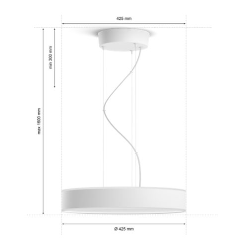 White Enrave pendant light, round shape, matte finish, suspended by cables, with visible dimensions: 425 mm diameter, 300-1600 mm height.