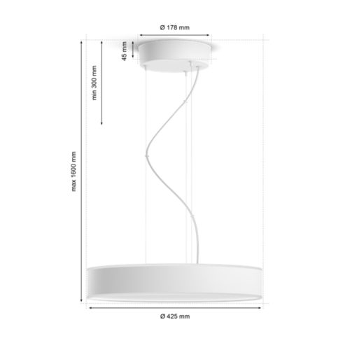 White Enrave pendant light with round shape, matte finish, suspended by cables, diameter and height measurements are shown in millimeters.