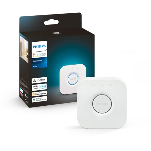 White square smart bridge with rounded corners, matte finish, central circular button, and indicator icons product box shown behind.