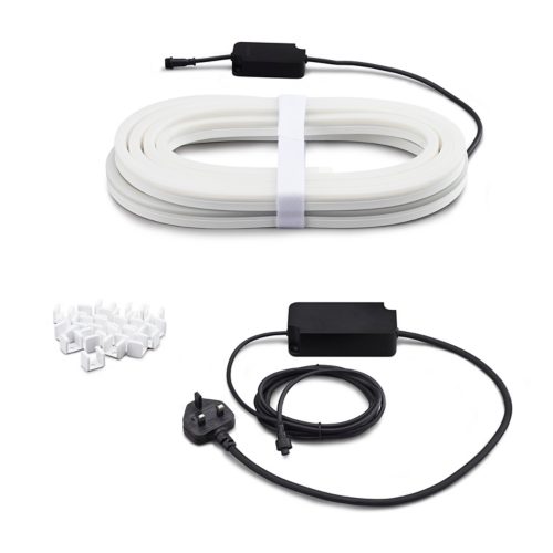 Coiled flexible light strip, black power adapter with cable, UK plug, and collection of white mounting clips on white background.