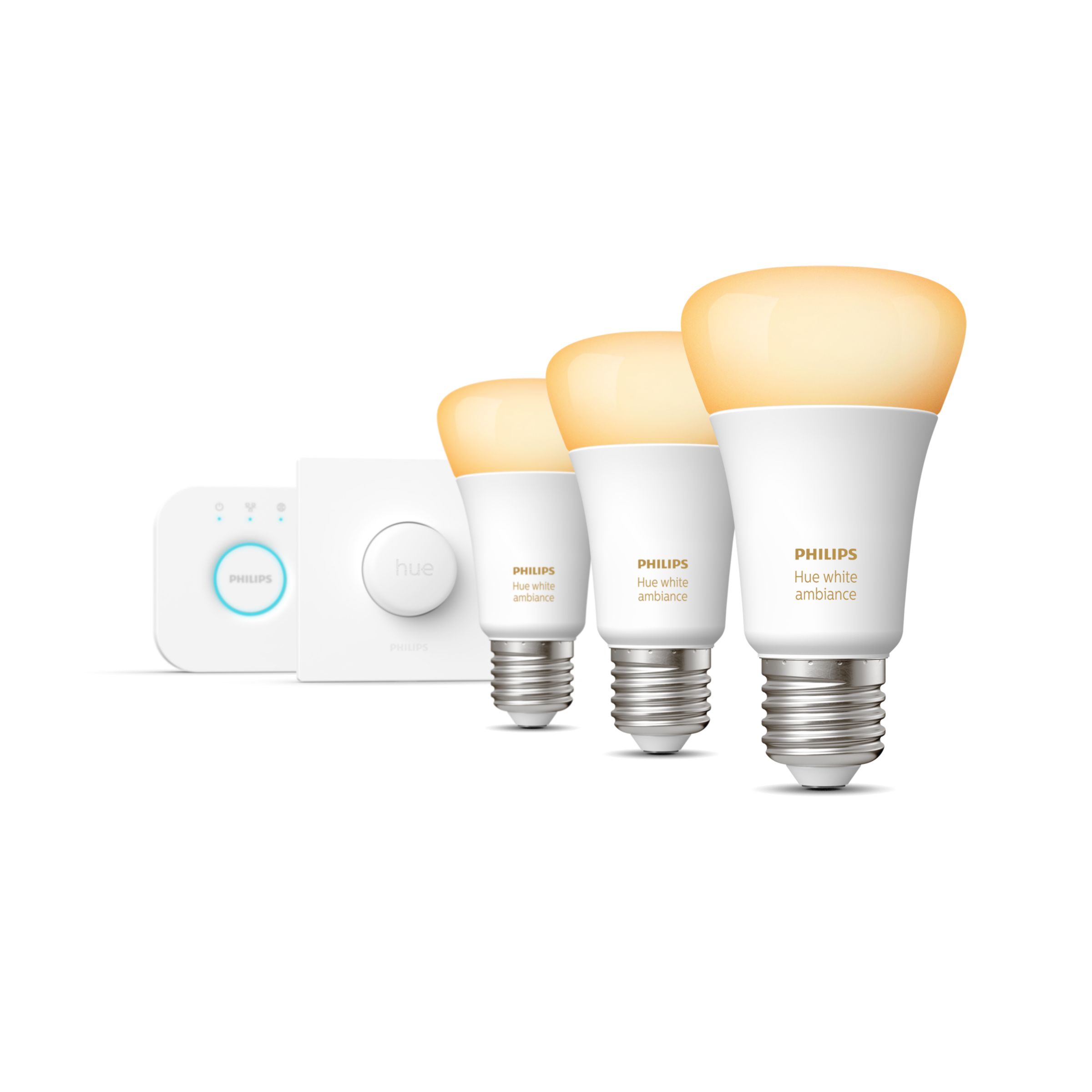 Kit de démarrage Philips Hue White Ambiance : 3 ampoules E27 + pont +  télécommande - Ampoule connectée - Achat & prix