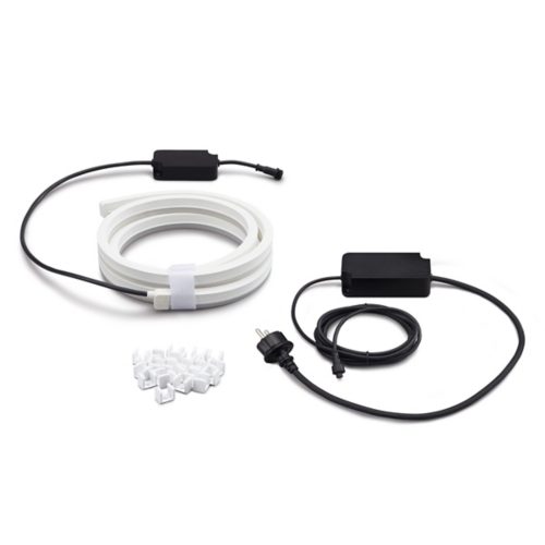 Coiled white flexible light strip, black power adapter with cable, and a collection of white mounting clips on a white background.