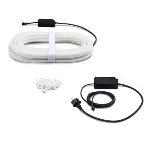 A coiled flexible light strip with a black connector, a collection of white mounting clips, and a black power adapter with cable.