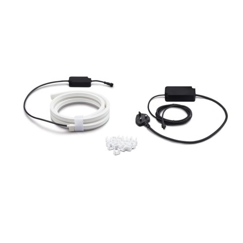 Coiled light strip with black power adapters and a collection of white mounting clips displayed on a plain white background.