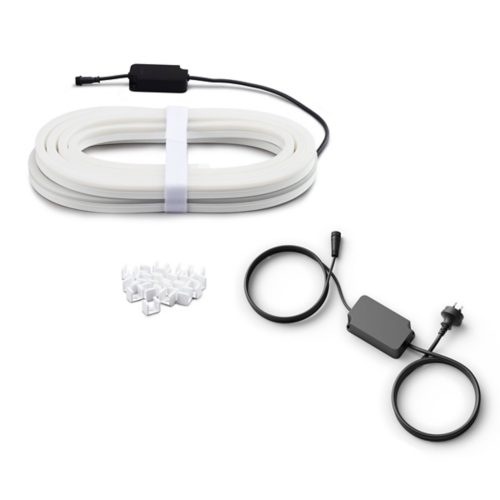 Coiled flexible light strip, black power adapter with cable, and a collection of white mounting clips on a white background.