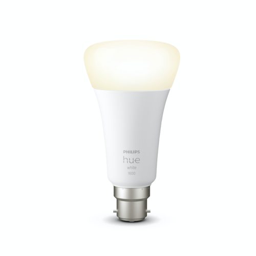 White smart light bulb with rounded shape, frosted top, metallic base, and visible printed text hue white 1600 on the body.