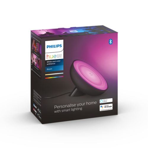 Product packaging featuring a smart lamp emitting pink light, with text reading Personalise your home with smart lighting.