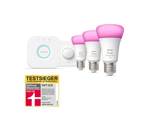 Hue White & Color Ambiance Starter-Set: E27 - Lampe A60 Dreierpack + Smart Button