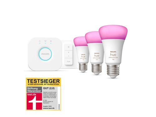 Hue White & Color Ambiance Starter-Set: E27 - Lampe A60 Dreierpack + Dimmschalter