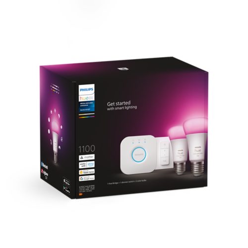 Kit de démarrage Hue : interrupteur avec variateur + 2 ampoules LED E27 White and Colour Ambiance + Hue Bridge | Philips Hue FR
