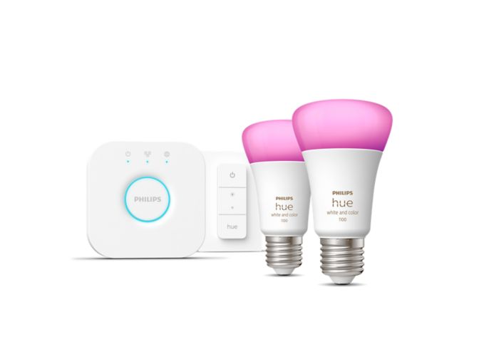 Close up of front of Starter kit: 2 E27 smart bulbs (1100) + dimmer switch