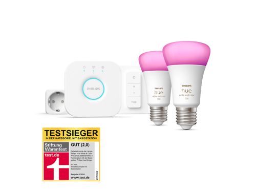 Hue White & Color Ambiance Starter-Set: E27 - Lampe A60 Doppelpack + Dimmschalter + Smart Plug