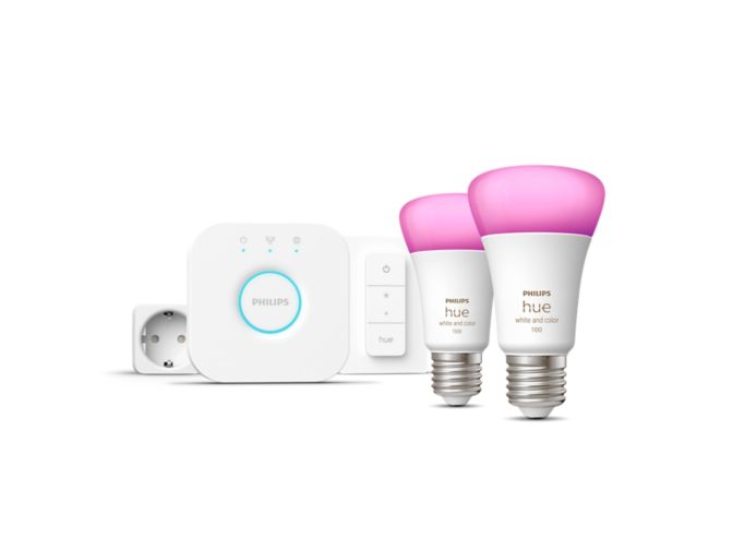 Primo piano della parte anteriore di Starter kit: 2 lampadine connesse E27 (1100) + Hue Dimmer switch