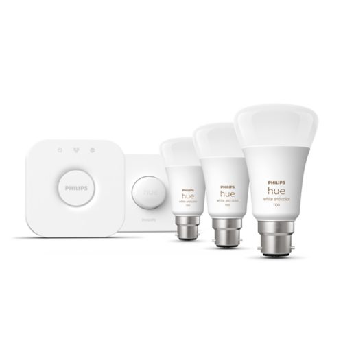 Hue Starter Kit Smart Button 3 pack B22 LED Bulbs White and Colour Ambiance Hue Bridge Philips Hue UK