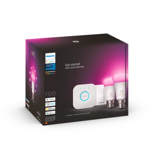 Hue Starter Kit Dimmer Switch 2 pack B22 LED Bulbs White and Colour Ambiance Hue Bridge Philips Hue UK