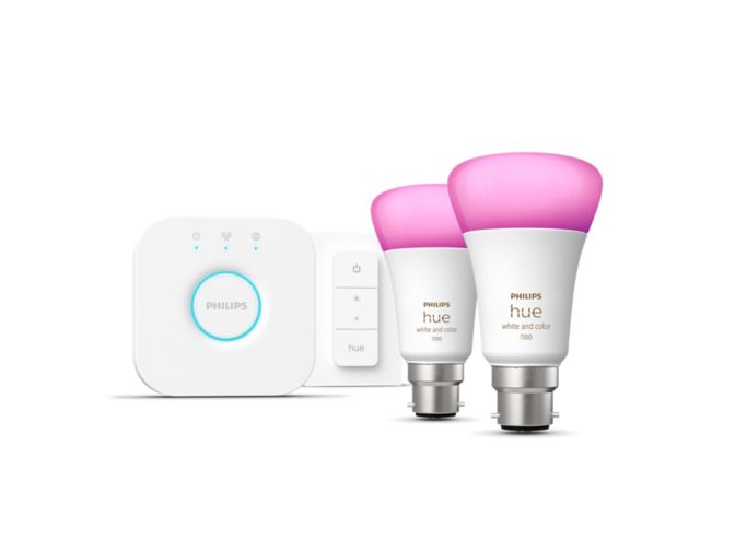 Close up of front of Starter kit: 2 B22 smart bulbs (1100) + dimmer switch