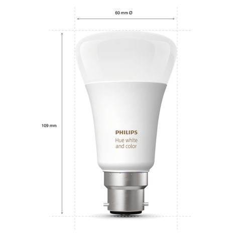 White smart light bulb with rounded shape, metallic base, compact design, matte finish, and Hue white and color text on surface.