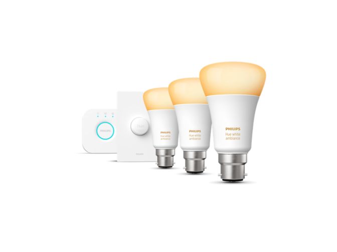 An image of product of the Starter kit: 3x B22 / BC smart bulbs (800 lumens) + Smart Button