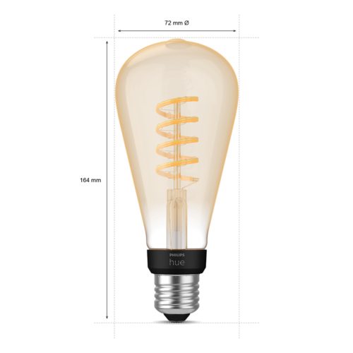 Amber glass ST72 filament smart bulb with spiral filament, E27 base, matte black and silver finish, text shows 72 mm and 164 mm.