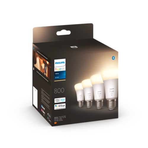 A box displaying a collection of white smart light bulbs with glowing tops, product specifications and compatibility logos visible.