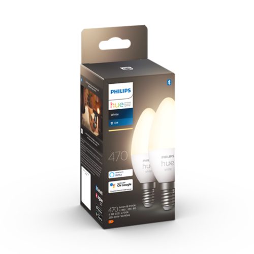 Box displaying two white LED smart light bulbs with E14 base, product details, and compatibility icons with Alexa and Google.