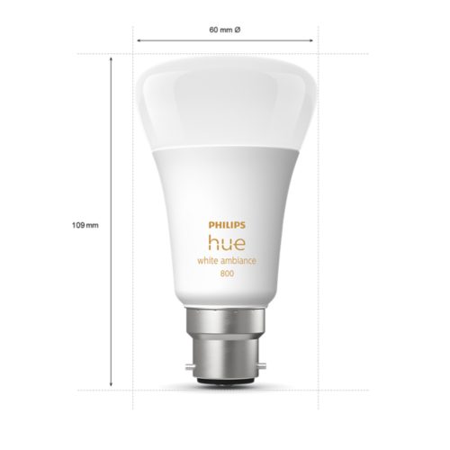 White ambiance smart bulb with B22 base, glossy finish, product text white ambiance 800, 60 mm diameter, 109 mm height.