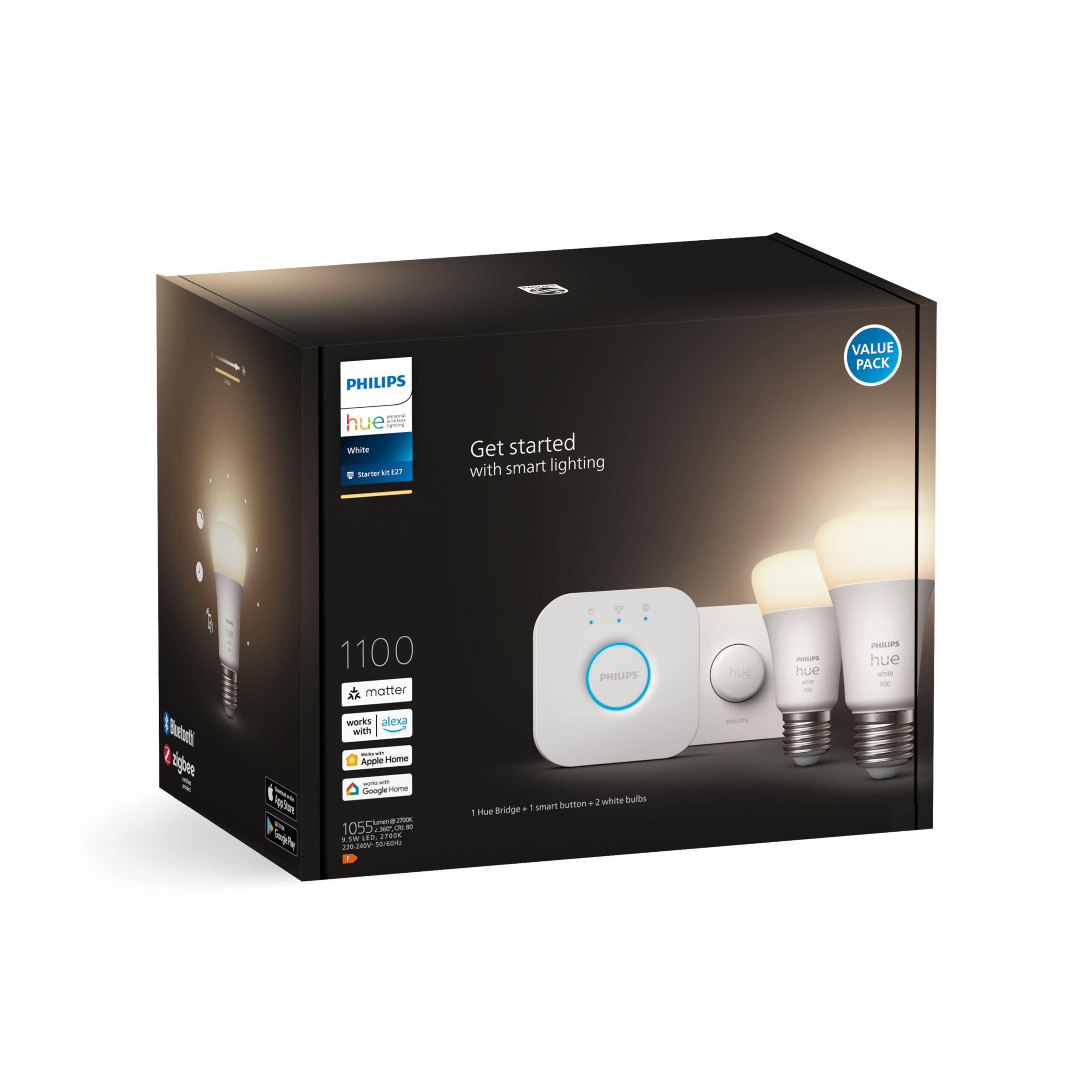 Philips Hue White Ambiance E27 2er-Pack + Smart Button – Einfaches Dimmbares Smart Light Per Bluetooth Steuern