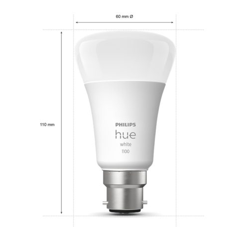 White smart bulb with rounded shape, silver B22 base, matte finish, labeled hue white 1100, dimensions 60 mm by 110 mm.