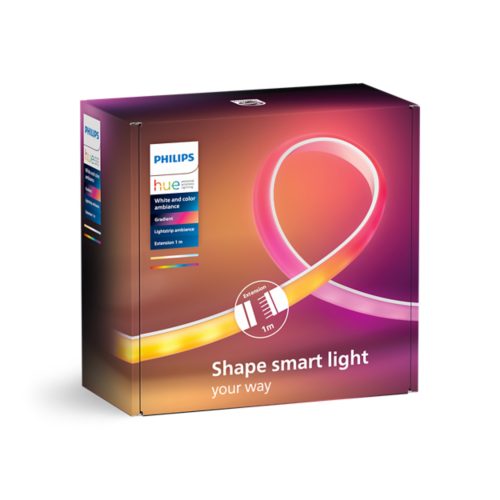 Gradient lightstrip extension in a rectangular box, featuring a flexible, multicolor strip illustration and product information text.