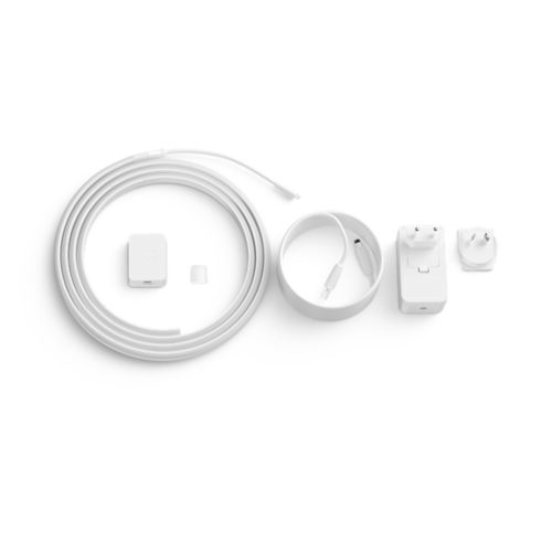 A collection of white smart gradient light strips, a power adapter, two plug attachments, and a small connector on a white background.
