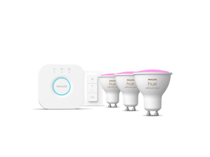 Primo piano della parte anteriore di Starter kit: 3 faretti connessi GU10 + Hue Dimmer switch