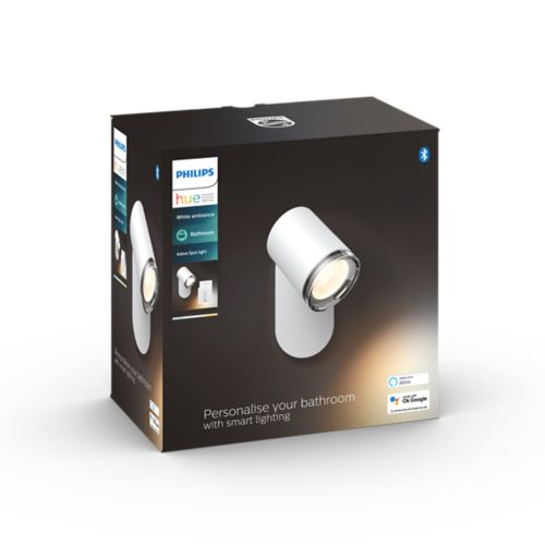 Product packaging featuring a white spot light with text: Personalise your bathroom with smart lighting and voice assistant logos.