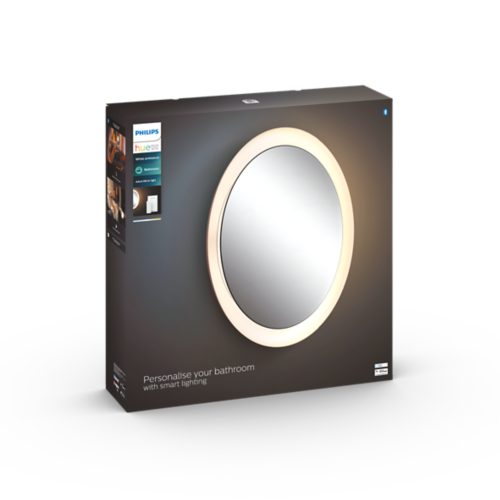 Product packaging showing a round smart mirror light with a white illuminated border and the text Personalise your bathroom with smart lighting.