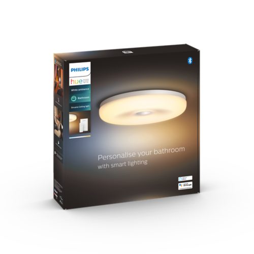 Product packaging showing a round ceiling light with the text Personalise your bathroom with smart lighting on the box.