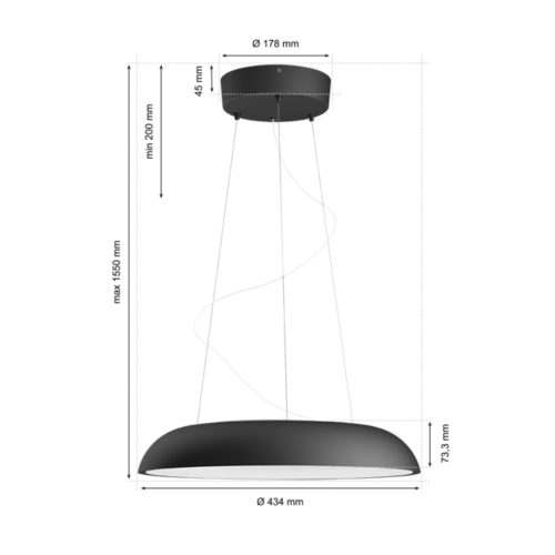 Amaze pendant light, dome-shaped, black finish, suspended by wires, with visible dimensions labeled in millimeters.