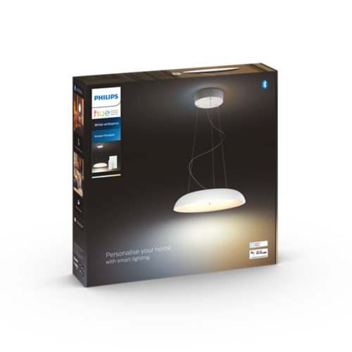 Product packaging showing a white pendant smart light with the text Personalise your home with smart lighting on the box.