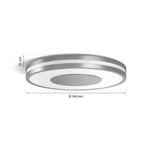 Being ceiling lamp, round shape, aluminium color, compact design with matte finish, diameter 348 mm, height 51 mm shown.