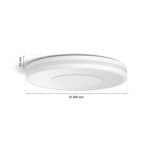 Round white ceiling lamp with a matte finish, compact design, labeled dimensions of 348 mm diameter and 51 mm height.