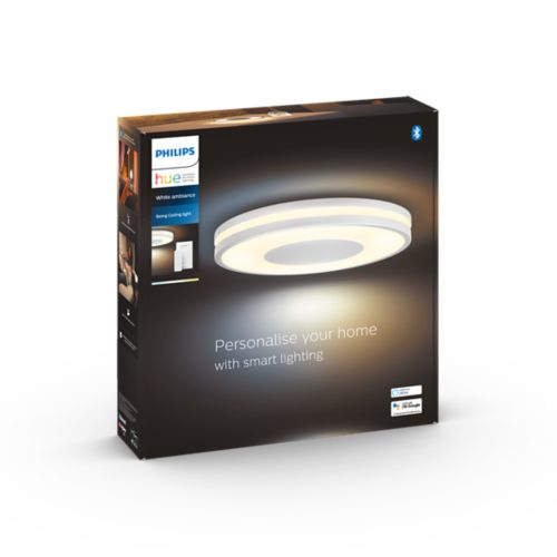 Product packaging showing a white circular ceiling light with the text Personalise your home with smart lighting on the box.