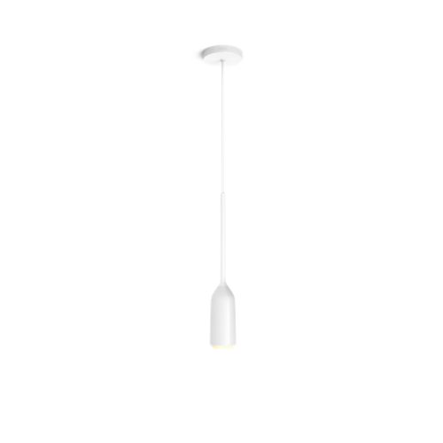 White Devote pendant light, compact cylindrical shape with matte finish, suspended from ceiling with visible cord and canopy.