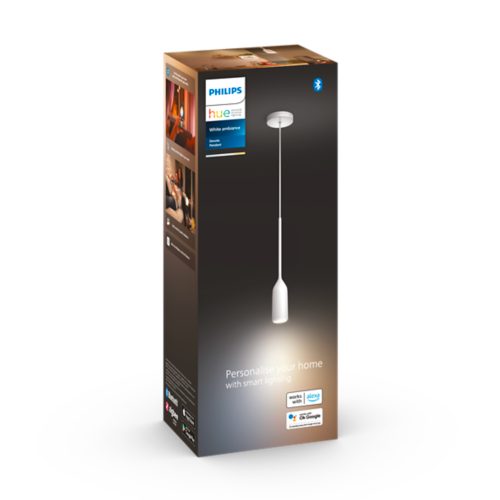 A product box displaying a white pendant smart light, with text Personalise your home with smart lighting and compatibility icons.