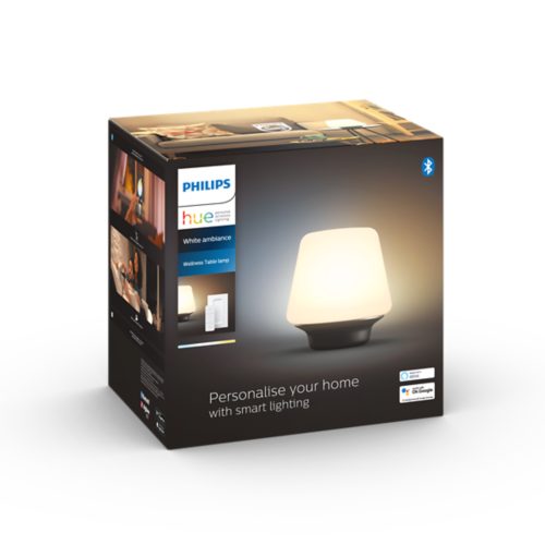 Product packaging for a smart lighting wellness table lamp, showing the lamp image and text Personalise your home with smart lighting.