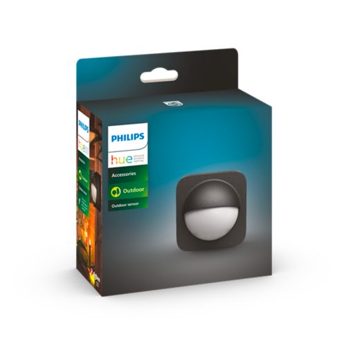 Product packaging featuring a black and white outdoor sensor with text: Accessories, Outdoor, Outdoor sensor.