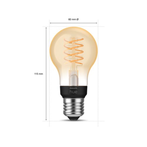 Filament-style LED bulb with spiral filament, round shape, amber glass, black base, E27 screw, matte finish, labeled 60 mm, 115 mm.