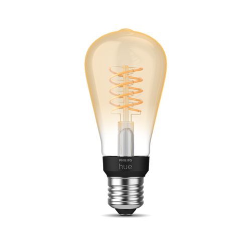 Filament-style ST64 light bulb with amber glass, compact design, visible spiral filament, and metallic screw base. Text reads hue.