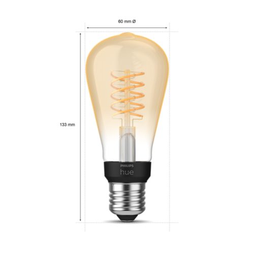 Amber spiral filament ST64 smart bulb with E27 base, matte black and silver finish, dimensions labeled 133 mm height, 60 mm diameter.