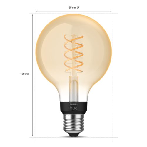 Round filament smart bulb with amber glass, E27 base, visible spiral filament, matte black compact socket, labeled dimensions.