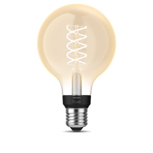 Round filament smart bulb with clear glass, spiral LED filament, black matte base, and visible screw fitting. hue text on base.