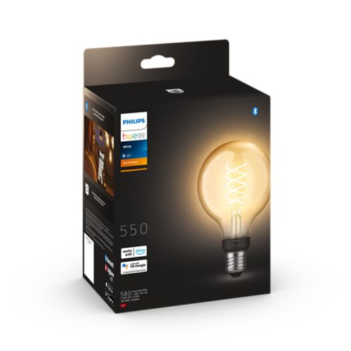 Product packaging featuring a smart filament light bulb with visible spiral filament and compatibility icons for Alexa and Google Assistant.